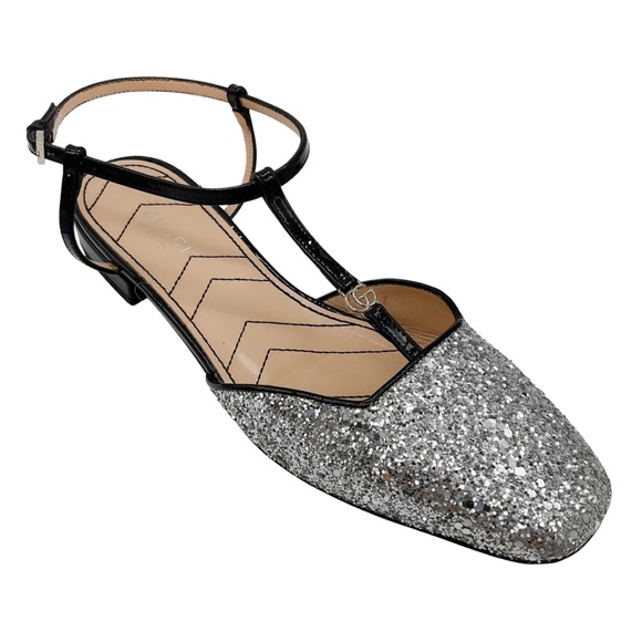GUCCI SILVER GLITTER AND PATENT LEATHER DOUBLE G SLINGBACK BALLET FLATS - Picture 1 of 8
